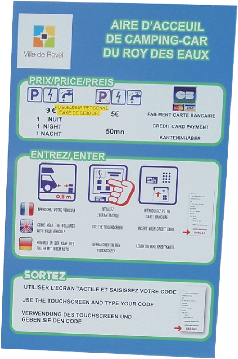 Panneau d'information du fonctionnement d'une aire de services pour camping-cars